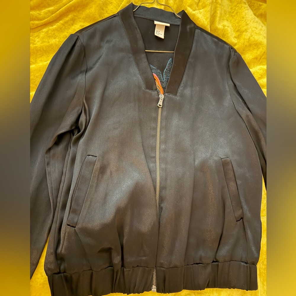 H&M Black Bomber Jacket with Orange & Teal Flamingo Embroidery - Picture 2 of 3